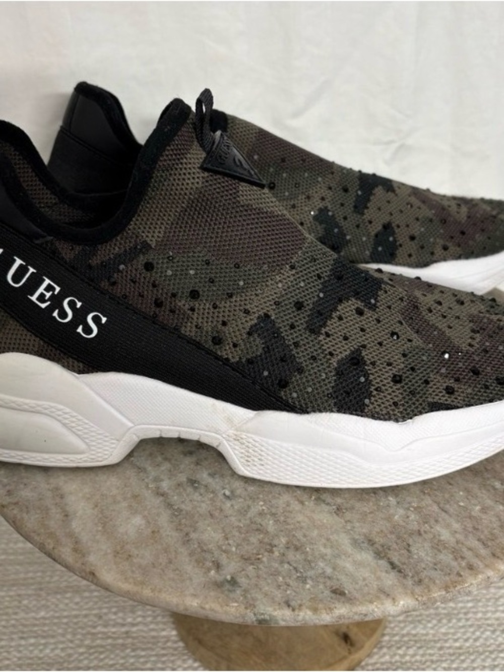 GUESS “Bellini’ Olive & Black Camouflage Slip-On Athletic Sneakers